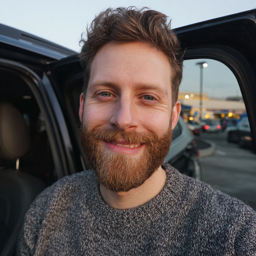 Ein lächelnder Mann, der neben einem Auto steht | Quelle: Midjourney