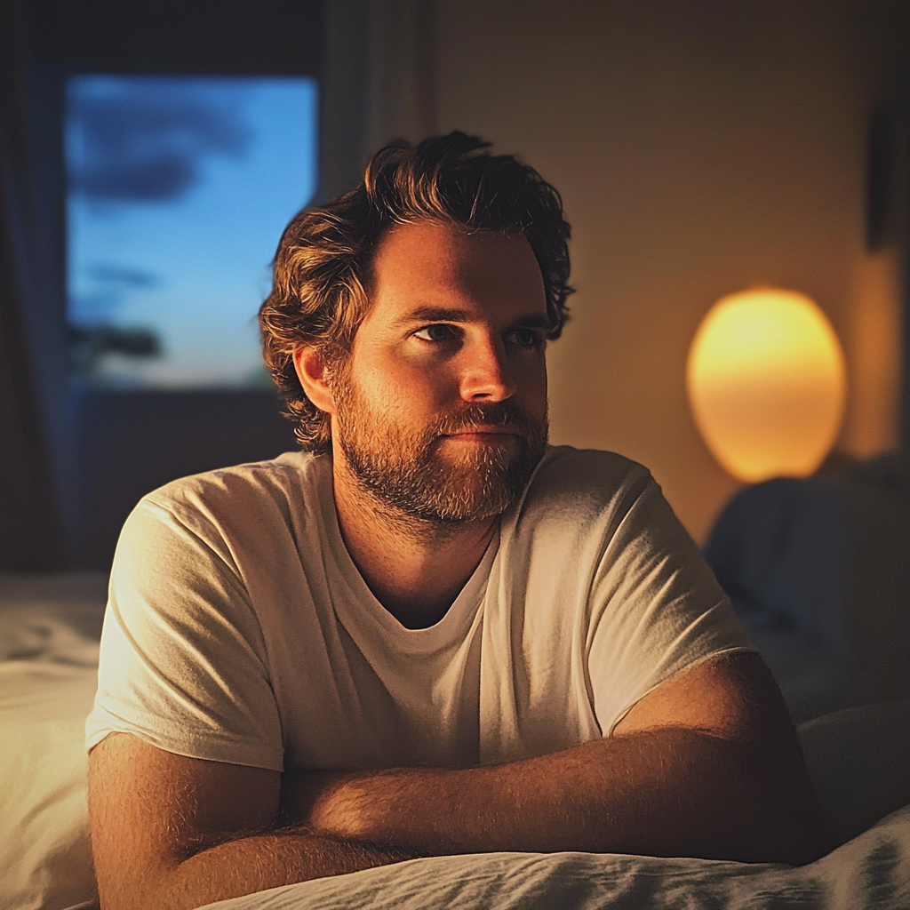 Ein Mann sitzt auf einem Bett | Quelle: Midjourney