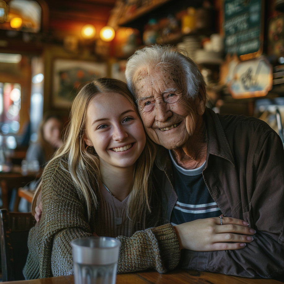 Eine Frau, die ihren Großvater umarmt | Quelle: Midjourney