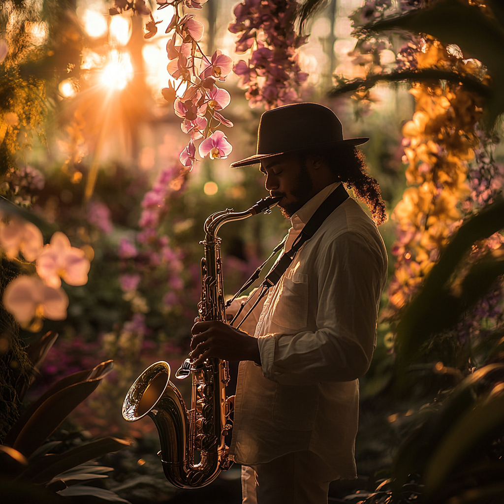 Ein Saxophonist spielt ein Saxophon in einem botanischen Garten | Quelle: Midjourney