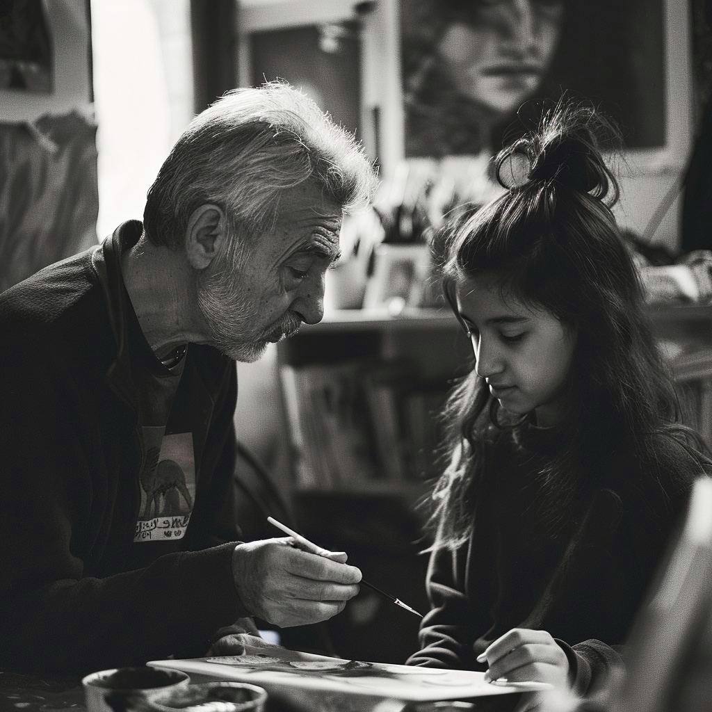 Ein Mann bringt einem jungen Mädchen Kunst bei | Quelle: Midjourney