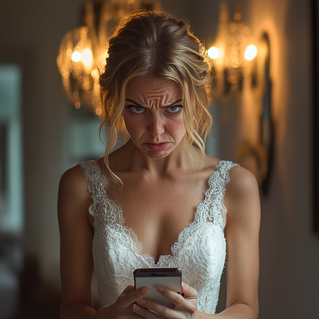 Eine wütende Braut, die ihr Telefon hält | Quelle: Midjourney