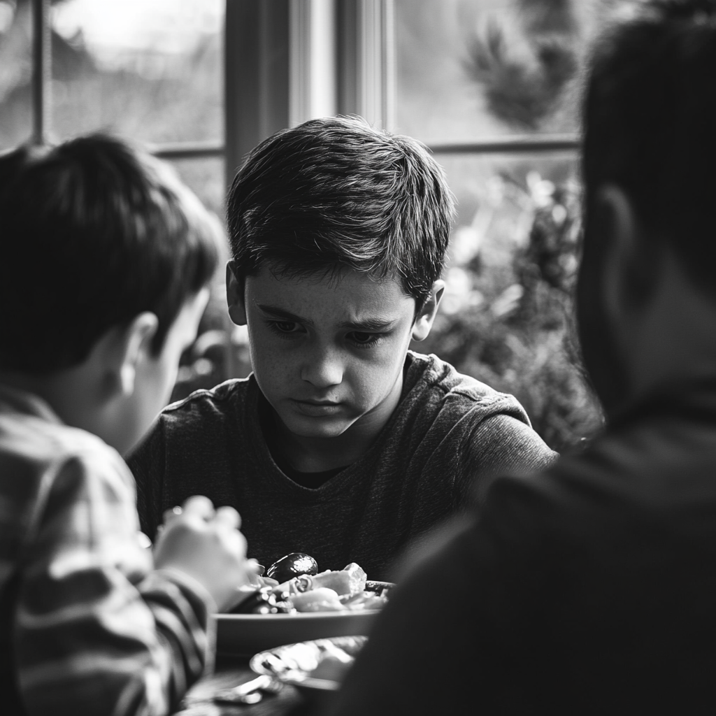 Ein Junge sieht seinem Vater und seinem Bruder beim Essen zu | Quelle: Midjourney