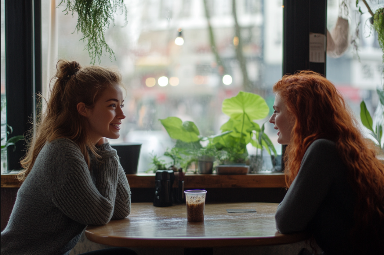 Zwei Frauen sitzen in einem Cafe | Quelle: Midjourney