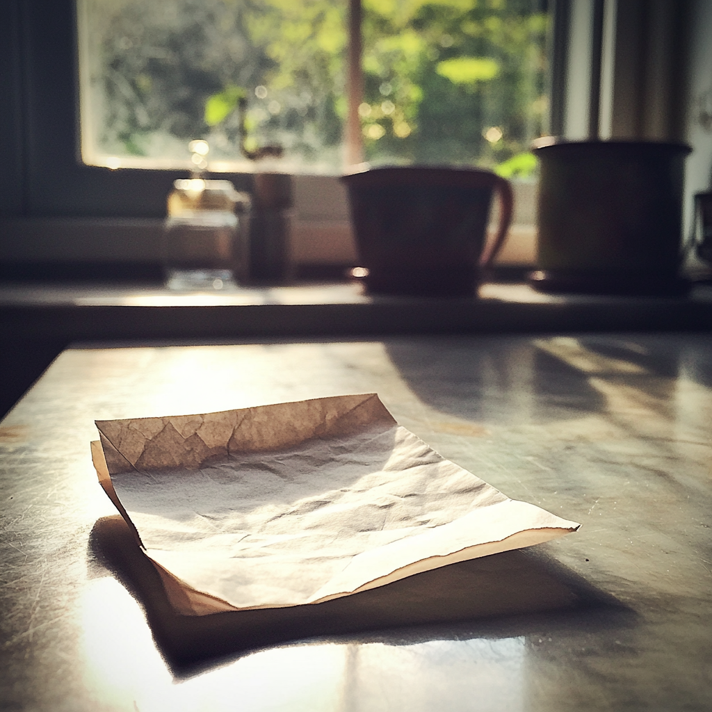 Ein gefaltetes Stück Papier auf einem Küchentisch | Quelle: Midjourney