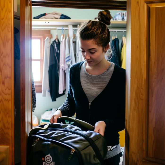 Eine junge Frau packt ihre Tasche in ihrem Zimmer | Quelle: Midjourney