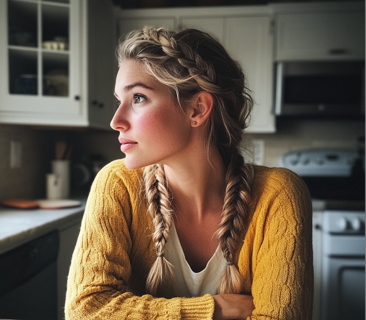 Eine Frau, die an einem Küchentisch sitzt | Quelle: Midjourney