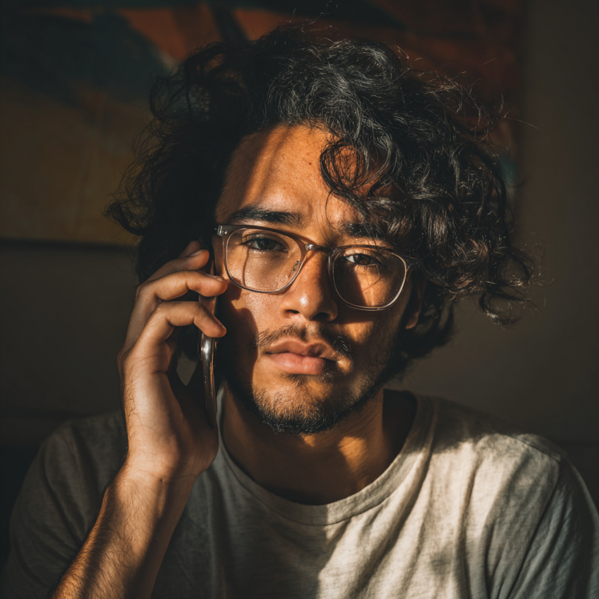 Ein müde aussehender Mann spricht am Telefon | Quelle: Midjourney