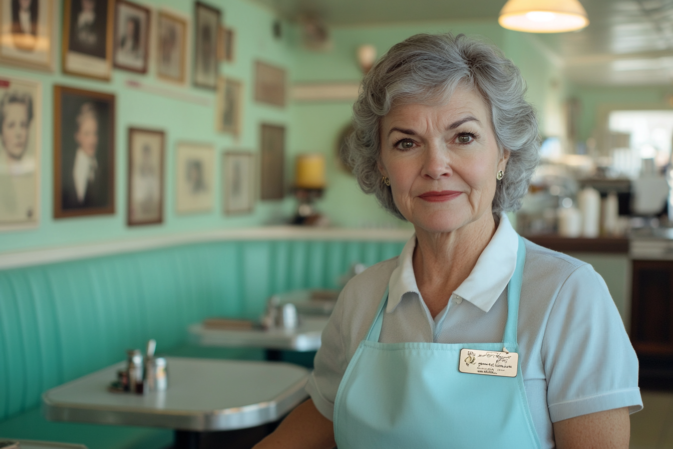 Eine Frau in den 50ern in einer Kellnerinnen-Uniform in einem Café, die stirnrunzelnd an einem Stand verweilt | Quelle: Midjourney