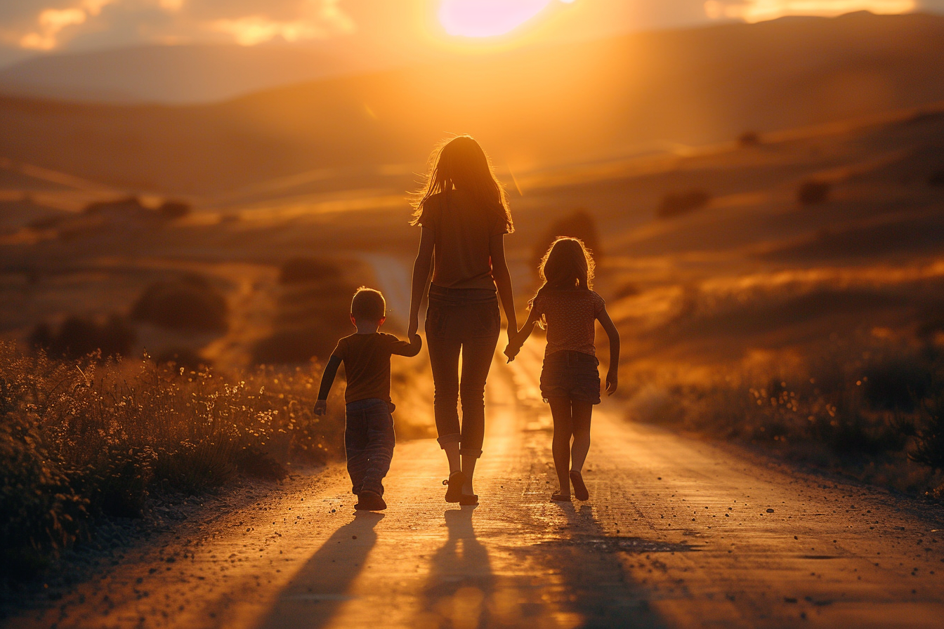 Silhouette einer Frau mit einem kleinen Jungen und einem Mädchen auf der Straße | Quelle: Midjourney