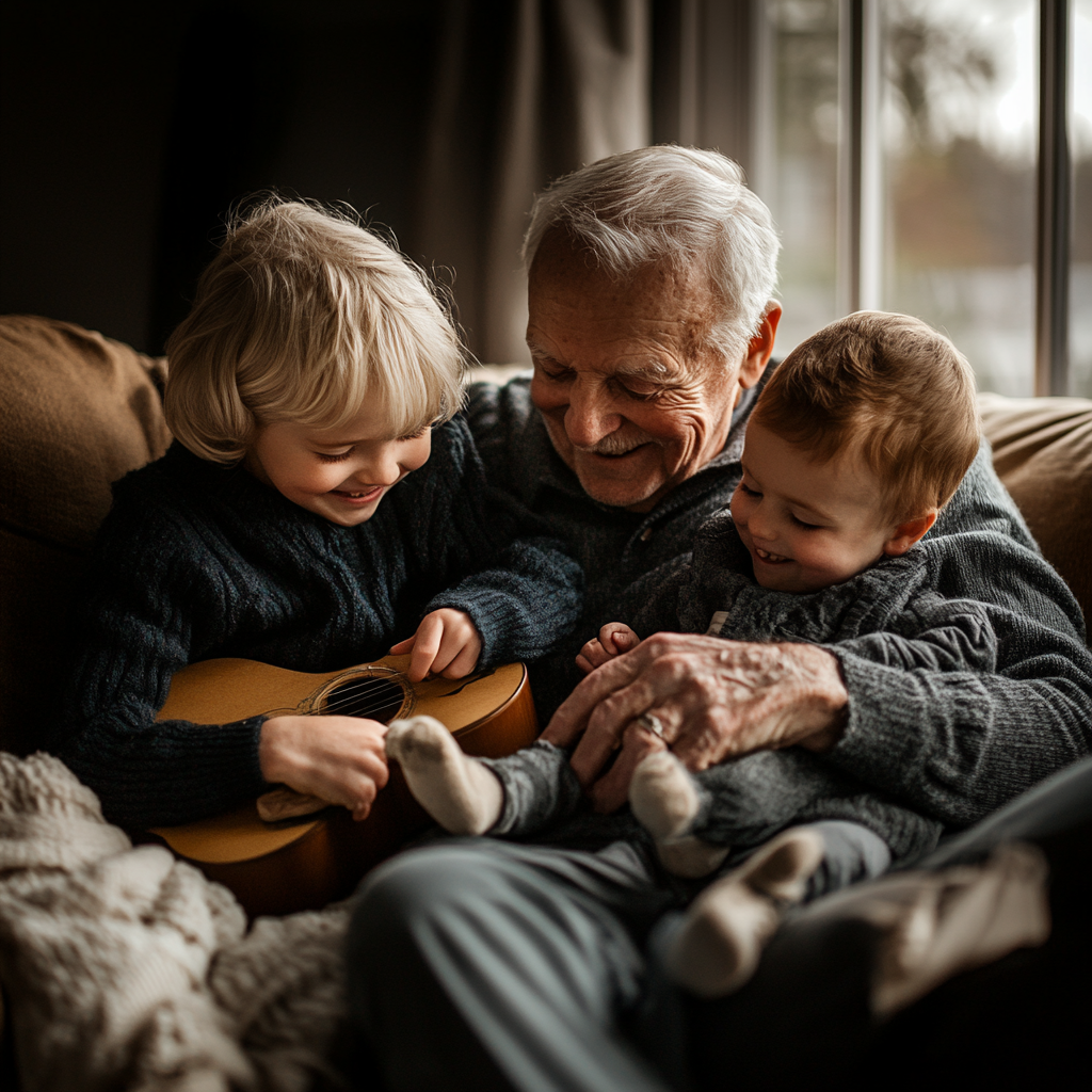 Ein Großvater spielt mit seinen Enkelkindern | Quelle: Midjourney