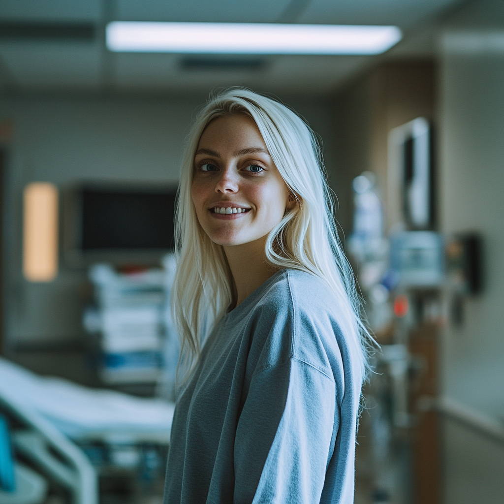 Eine blonde Frau grinst, während sie in einem Krankenhauszimmer steht und jemanden anschaut | Quelle: Midjourney