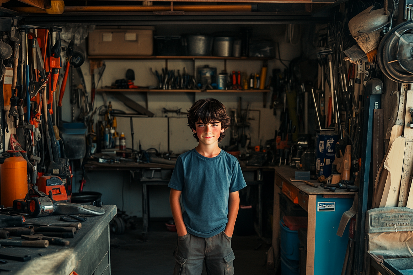 Ein Junge lächelt in einer Garage mit Werkzeugen | Quelle: Midjourney