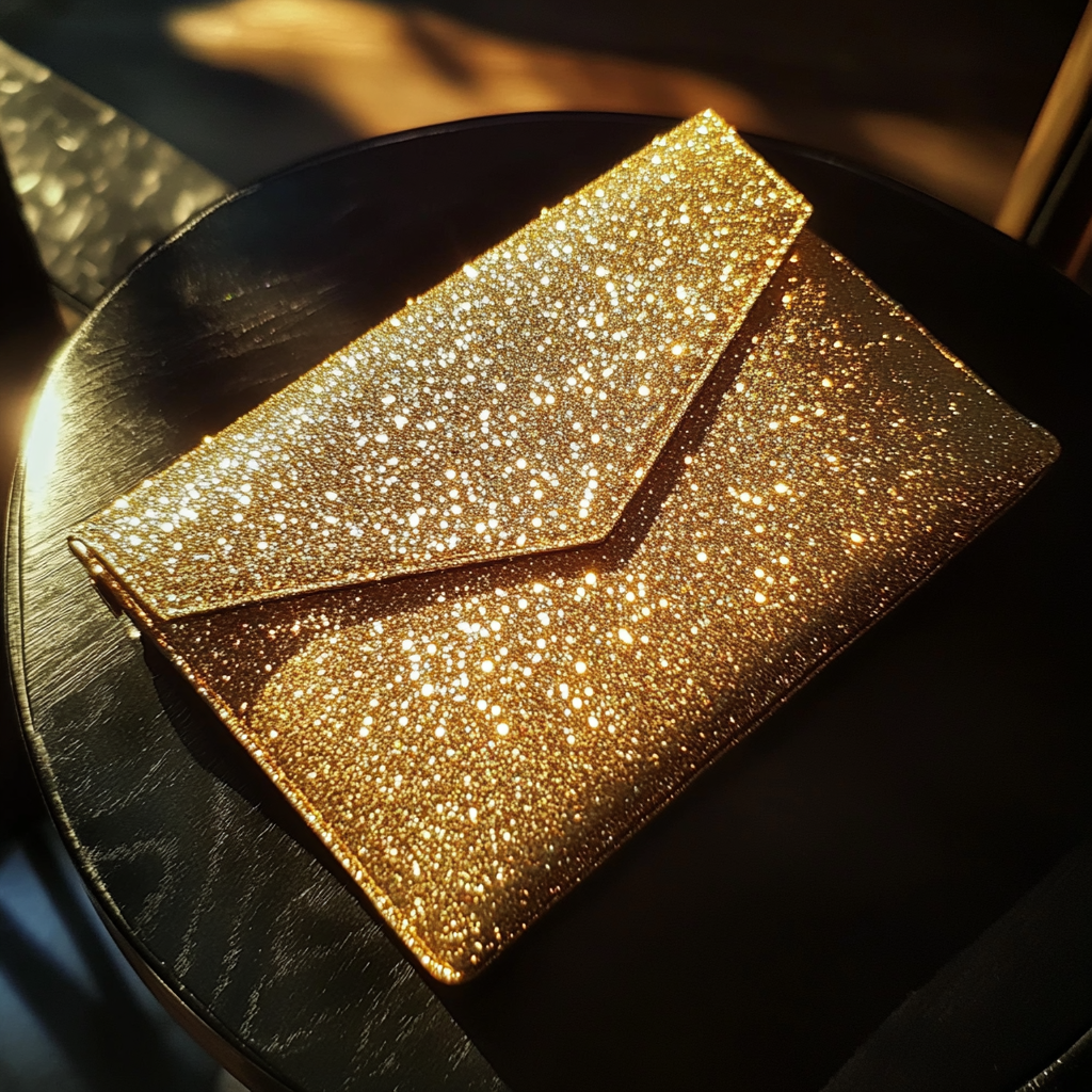 Eine goldene Clutch auf einem Tisch | Quelle: Midjourney