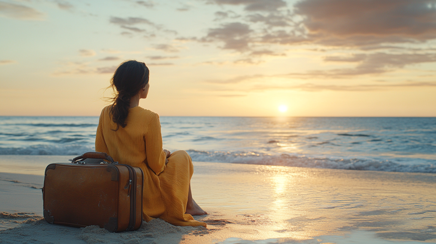 Frau mit ihrem Gepäck am Strand sitzend | Quelle: Midjourney