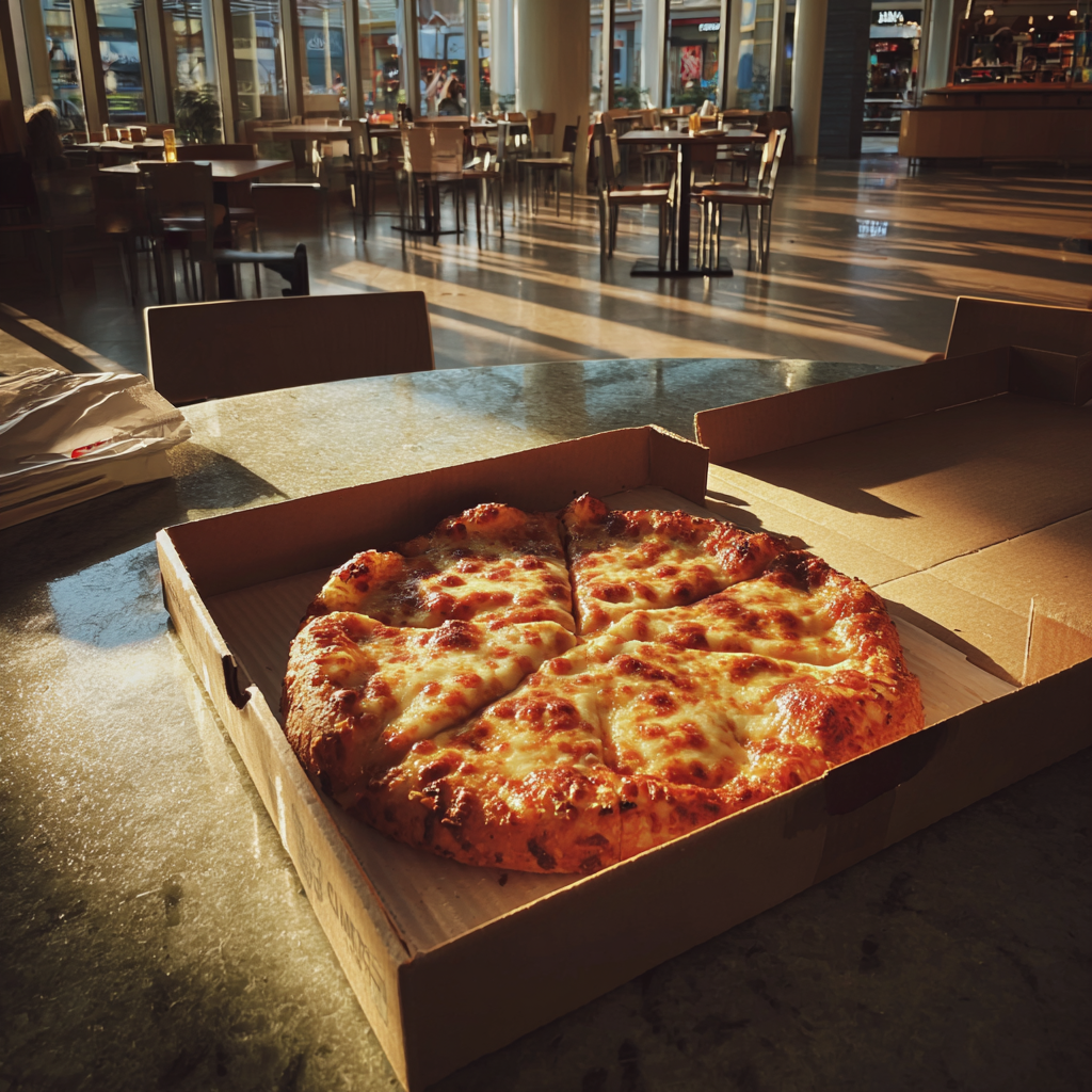 Ein Pizzakarton auf einem Food Court Tisch | Quelle: Midjourney