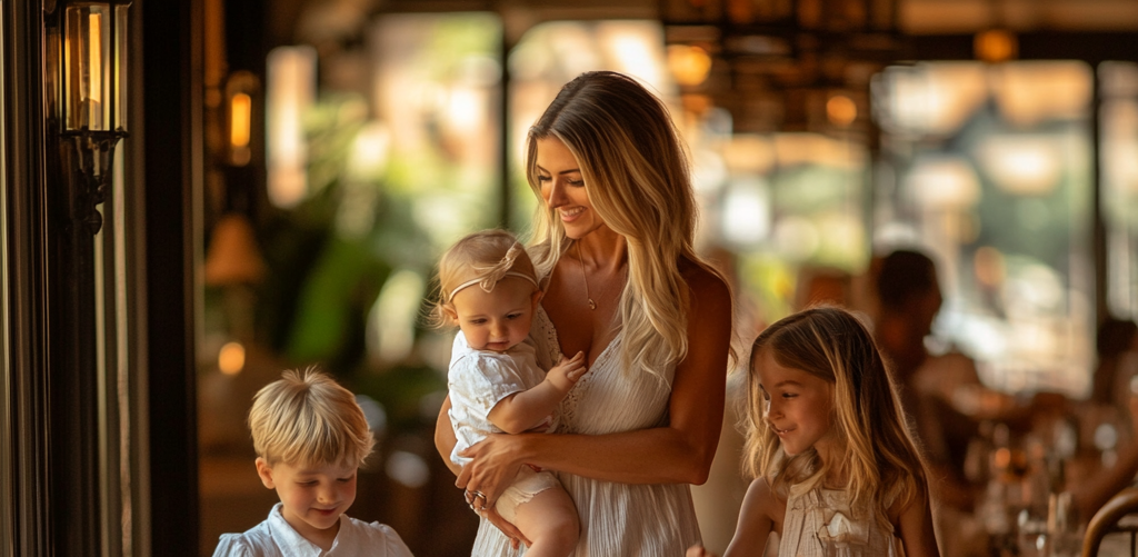 Eine Frau geht mit ihren drei Kindern in ein schickes Restaurant | Quelle: Midjourney