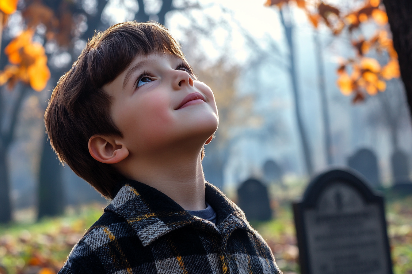 Ein Junge auf einem Friedhof, der jemanden anlächelt | Quelle: Midjourney