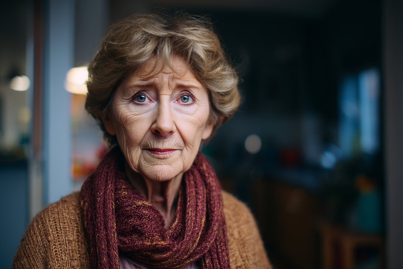 Starsza kobieta patrząca prosto przed siebie | Źródło: Midjourney