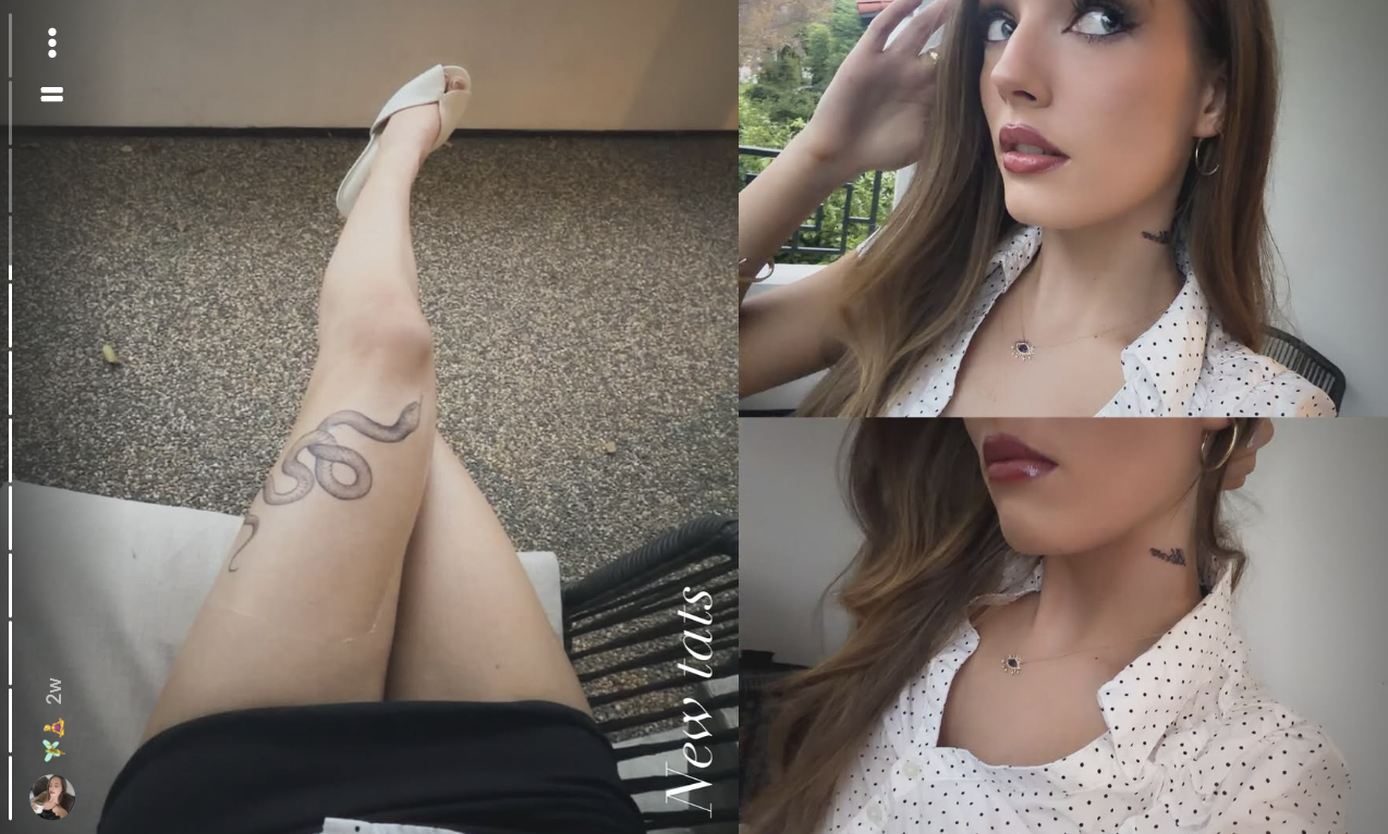 Harper Lockwood teilt eine Split-Screen-Story, in der sie ihre neuen Tattoos präsentiert: ein filigranes Schlangendesign, das sich um ihren Unterschenkel windet, sowie ein Selfie, das ein dezentes Tattoo an der Seite ihres Halses zeigt, während sie ein Oberteil mit Polka-Dot-Kragen trägt. | Quelle: Instagram/harper.lockwoodd
