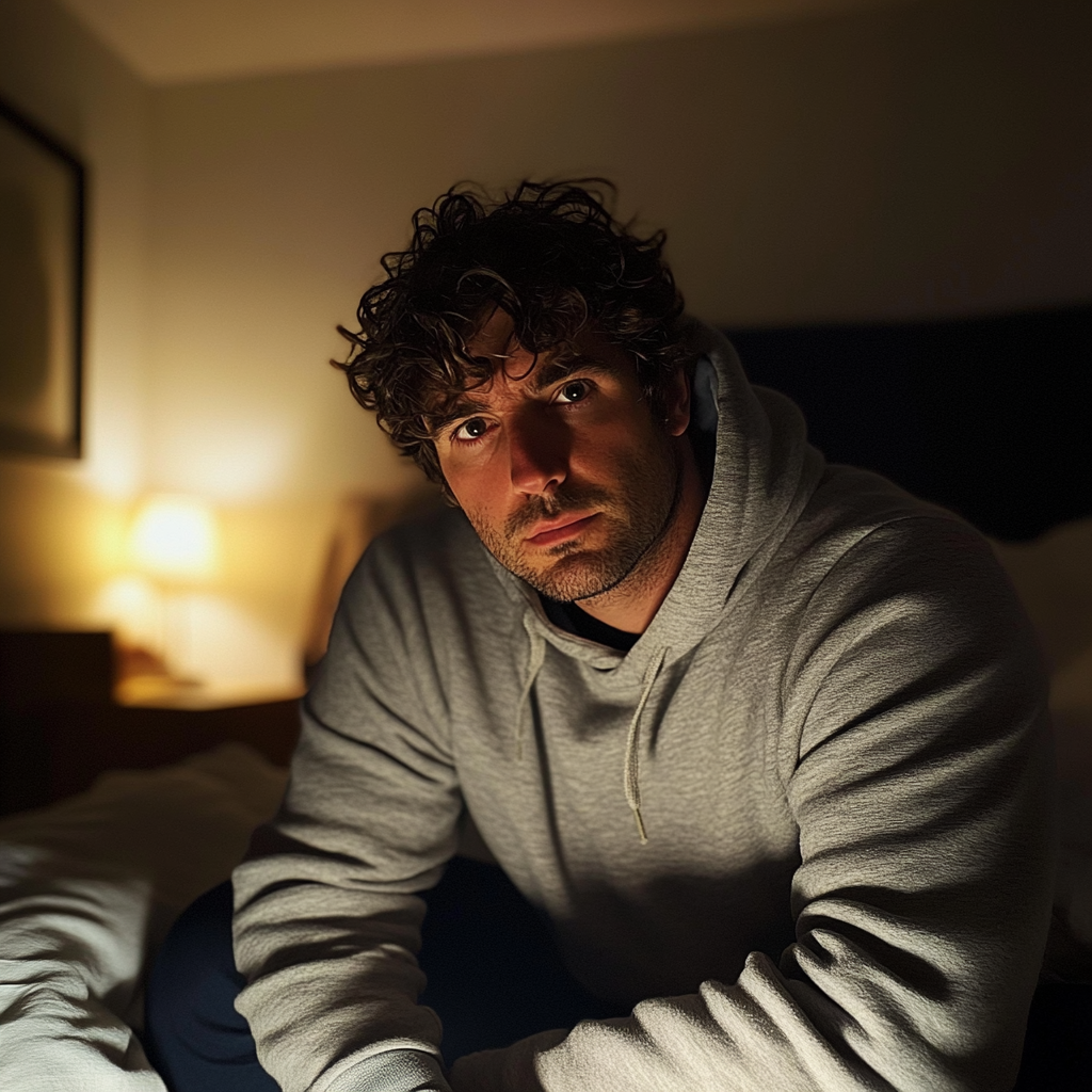 Ein Mann sitzt auf einem Bett | Quelle: Midjourney