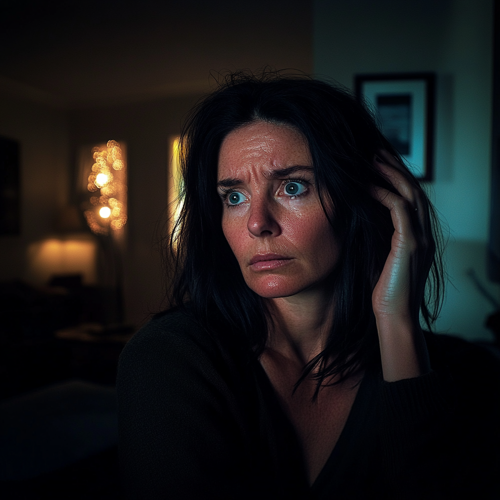Eine schockierte Frau in einem Wohnzimmer | Quelle: Midjourney