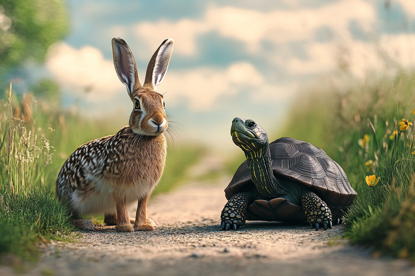 Ein Hase und eine Schildkröte auf einem Weg | Quelle: Midjourney