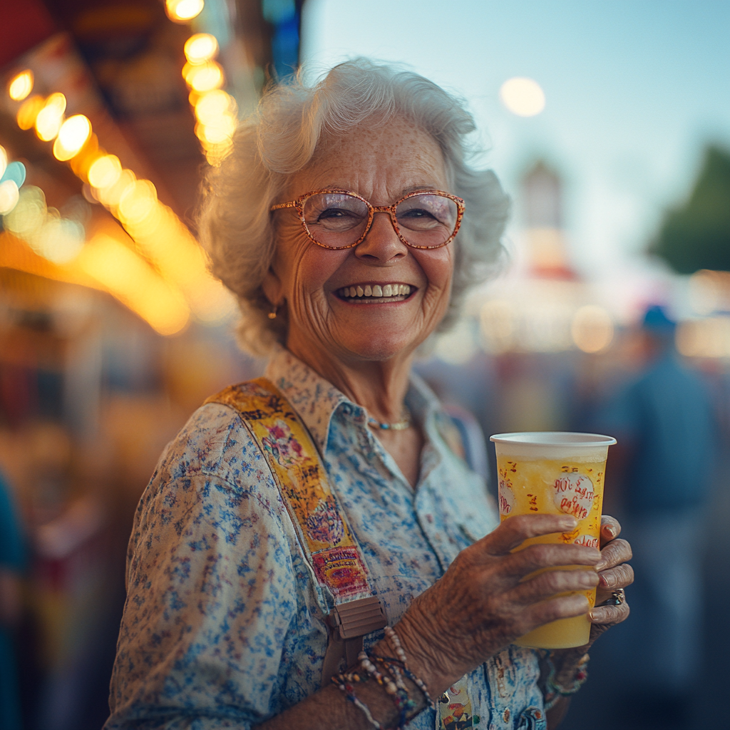 Eine lachende Frau mit einer Limonade in der Hand | Quelle: Midjourney