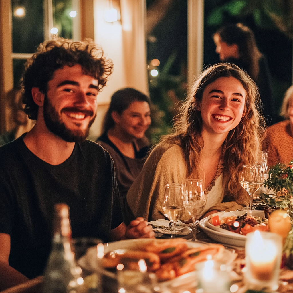 Ein Paar sitzt beim Familienessen zwischen Verwandten | Quelle: Midjourney