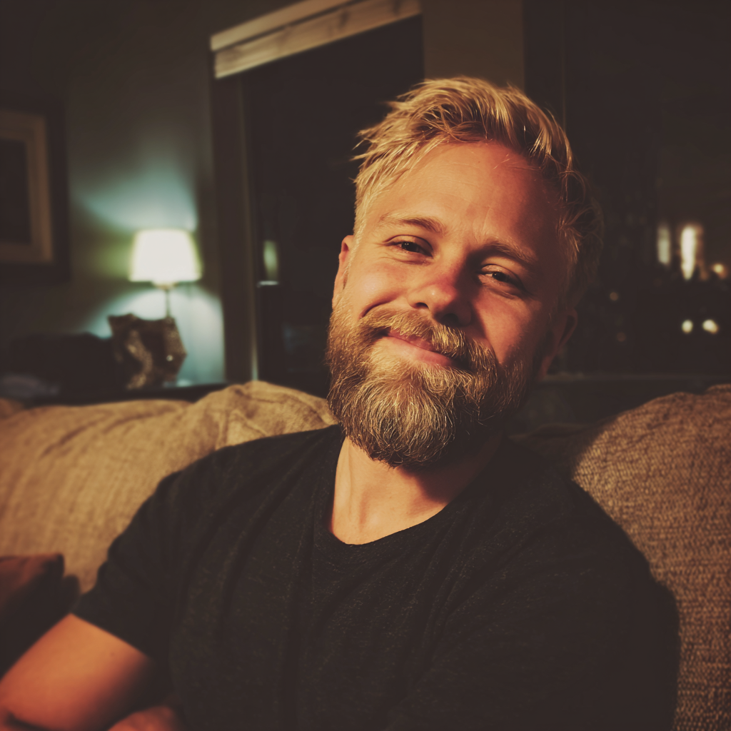 Ein lächelnder Mann, der auf einer Couch sitzt | Quelle: Midjourney