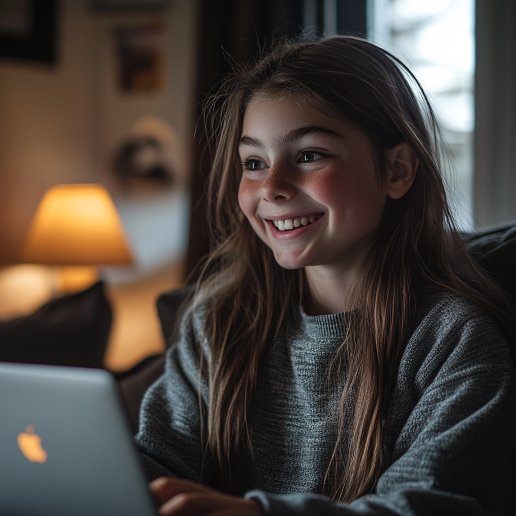 Ein junges Mädchen lächelt, während sie ihren Laptop benutzt | Quelle: Midjourney