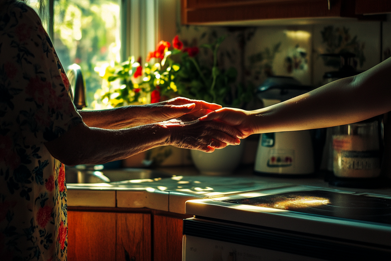 Mulher na faixa dos 50 anos dá um tapinha na mão de uma mulher na faixa dos 30 na cozinha | Fonte: Midjourney