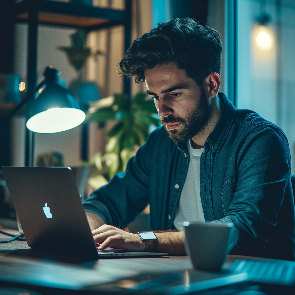 Ein Mann, der sitzt und an einem Laptop arbeitet | Quelle: Midjourney
