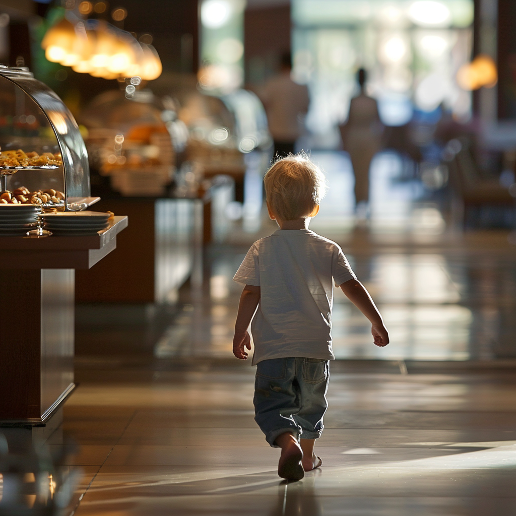 Junge, der vom Buffetstand weggeht | Quelle: Midjourney