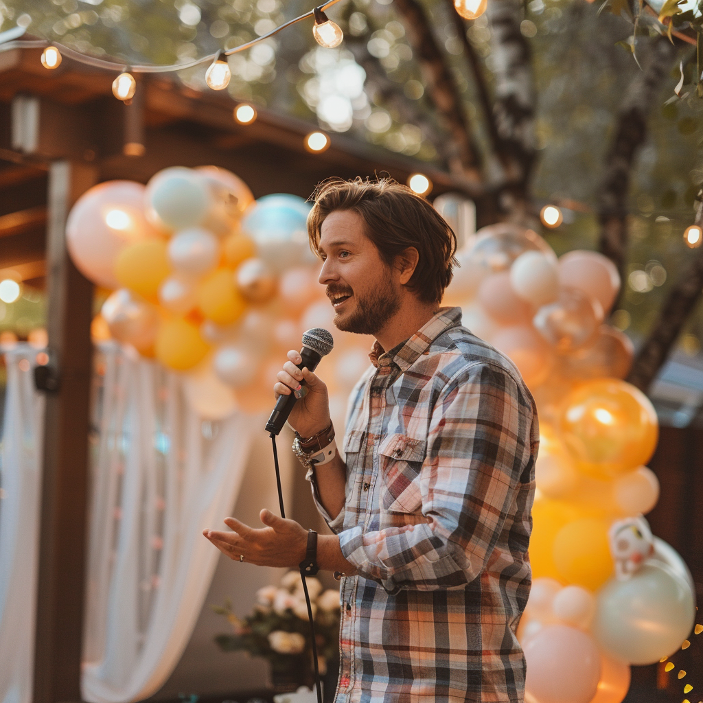 Ein Mann spricht auf einer Gender Reveal Party in ein Mikrofon | Quelle: Midjourney