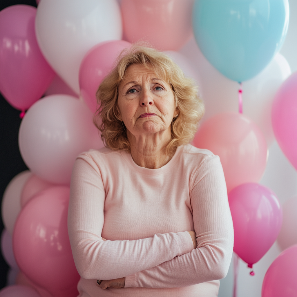 Frau mit verschränkten Armen und strenger Miene vor einer Kulisse aus Luftballons | Quelle: Midjourney