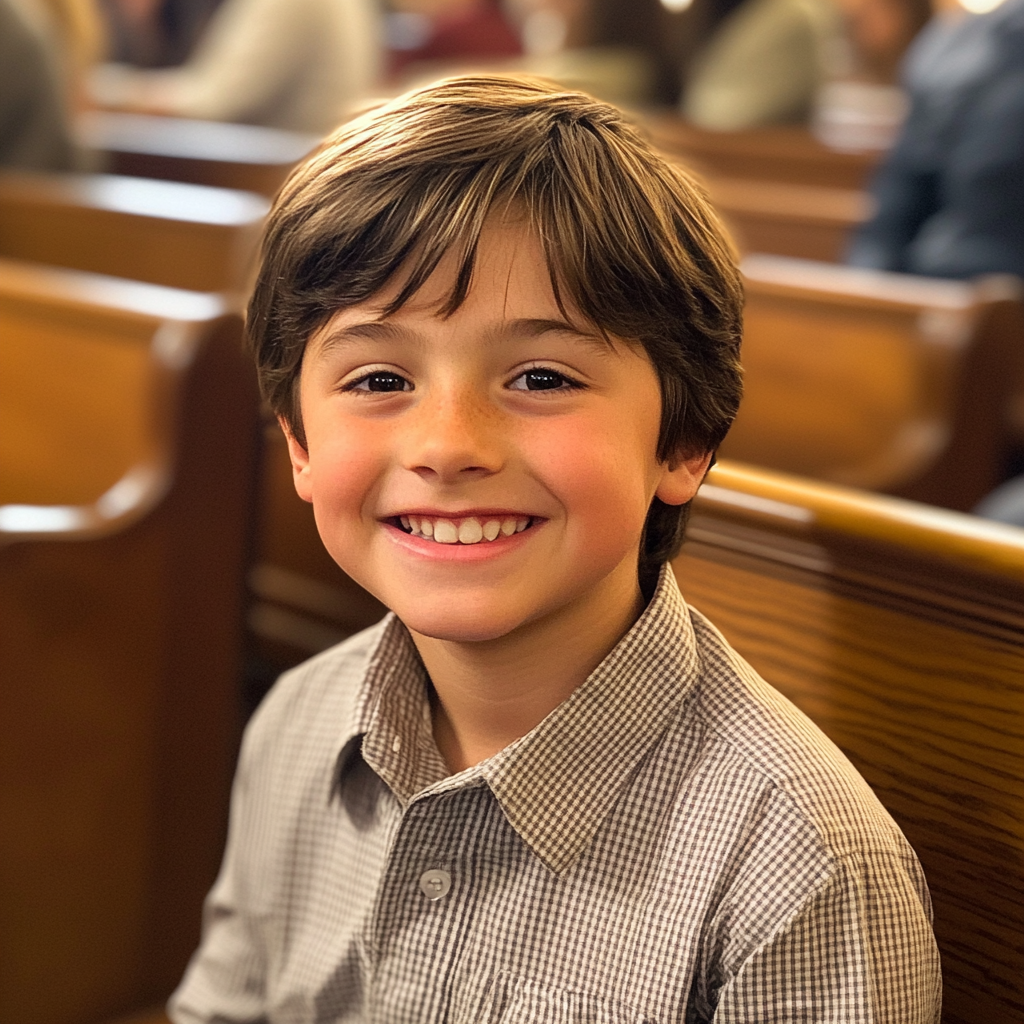 Ein lächelnder kleiner Junge sitzt in einer Kirchenbank | Quelle: Midjourney