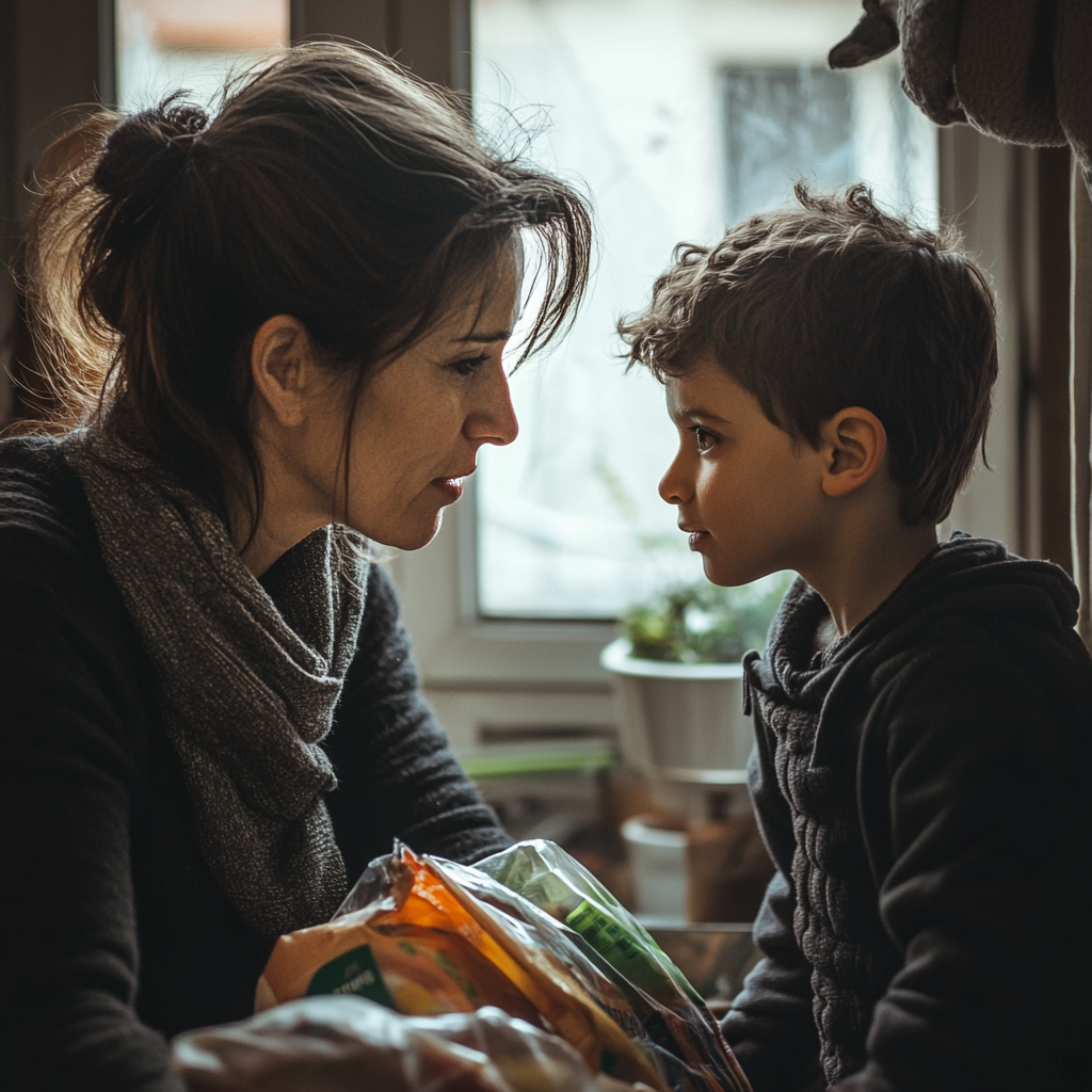 Eine einfühlsame Frau, die einem kleinen Jungen eine Tüte mit Lebensmitteln überreicht | Quelle: Midjourney