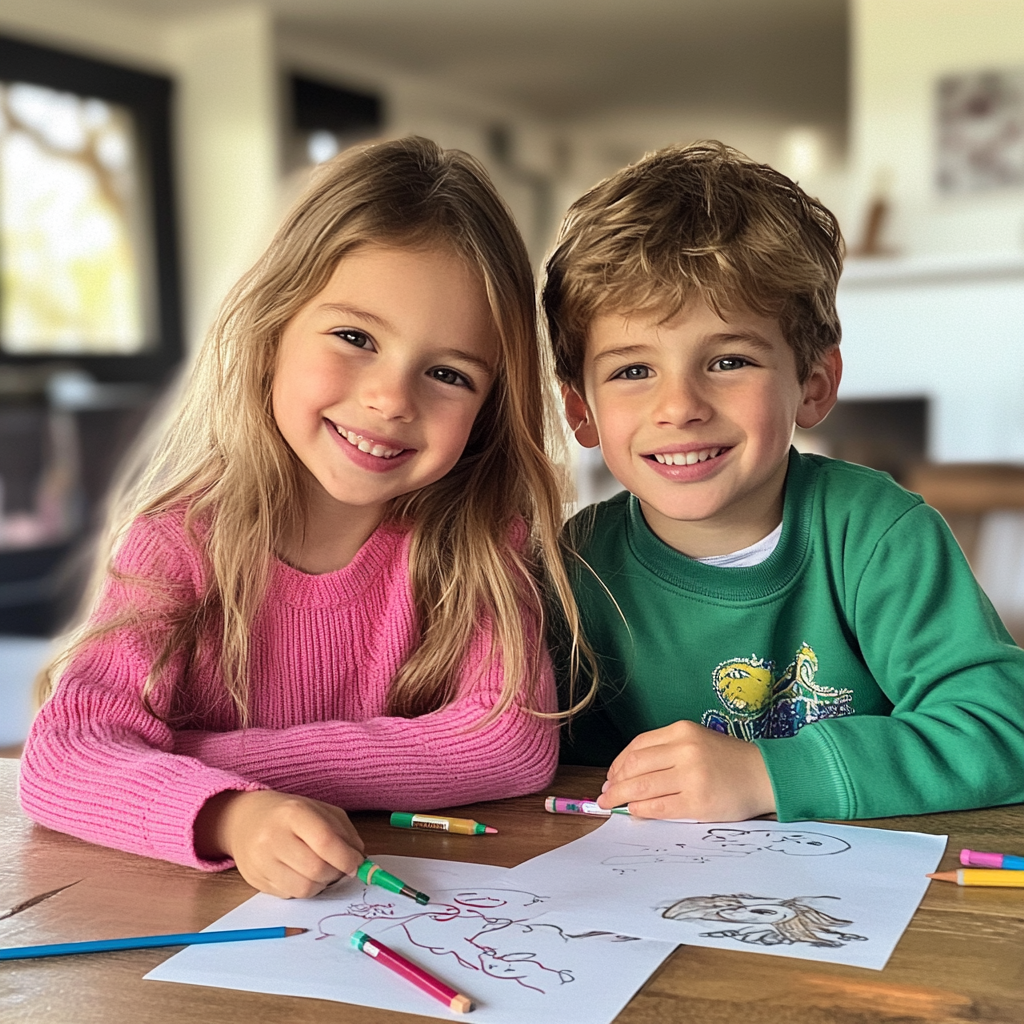 Zwei lächelnde Kinder sitzen an einem Tisch mit Buntstiften und Zeichnungen | Quelle: Midjourney