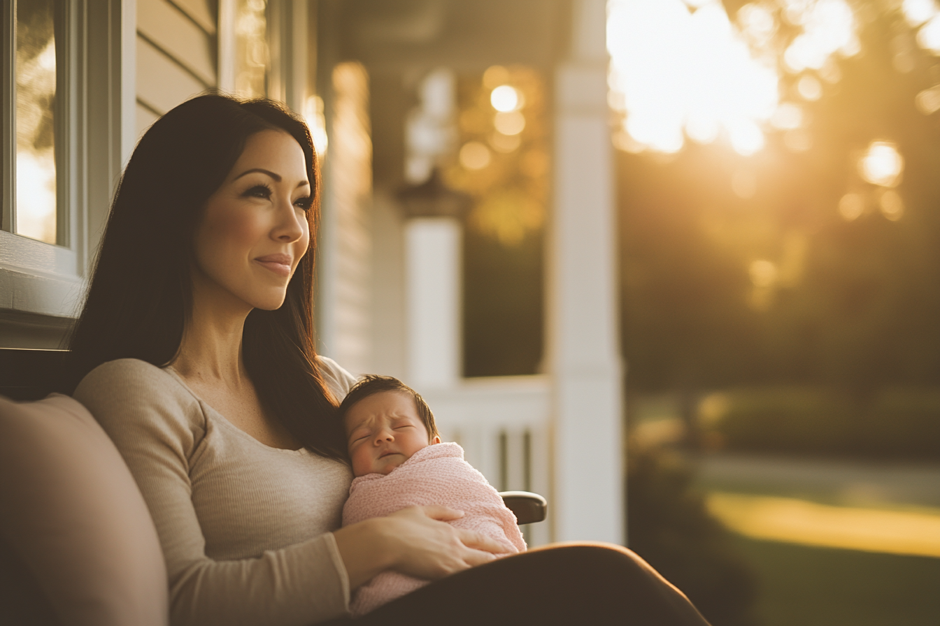 Eine Frau sitzt auf einer Veranda und hält ein Baby in einer rosa Decke: Midjourney