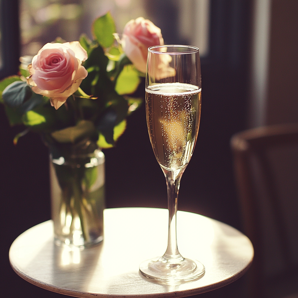 Ein Glas Champagner auf einem Tisch | Quelle: Midjourney