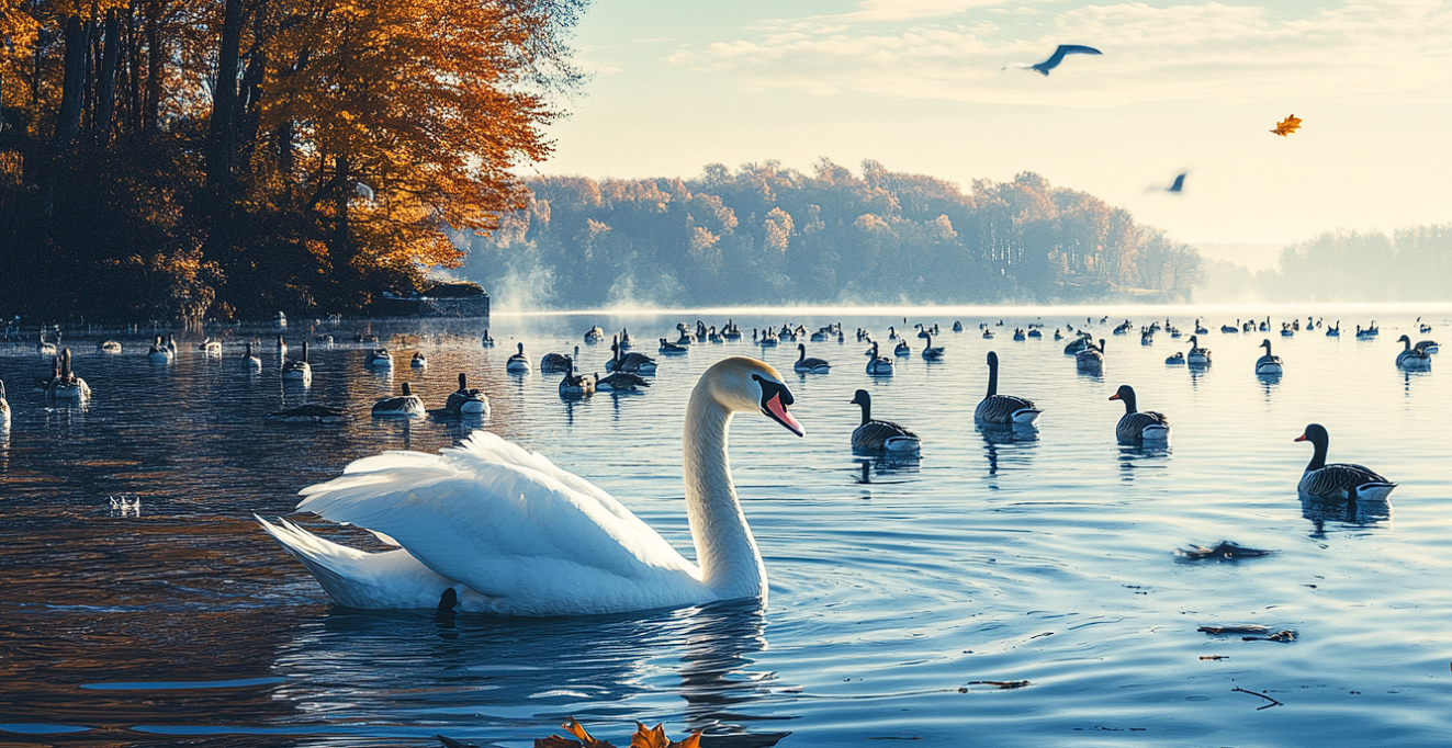 Ein Schwan schwimmt auf einem See mit anderen Wasservögeln | Quelle: Midjourney