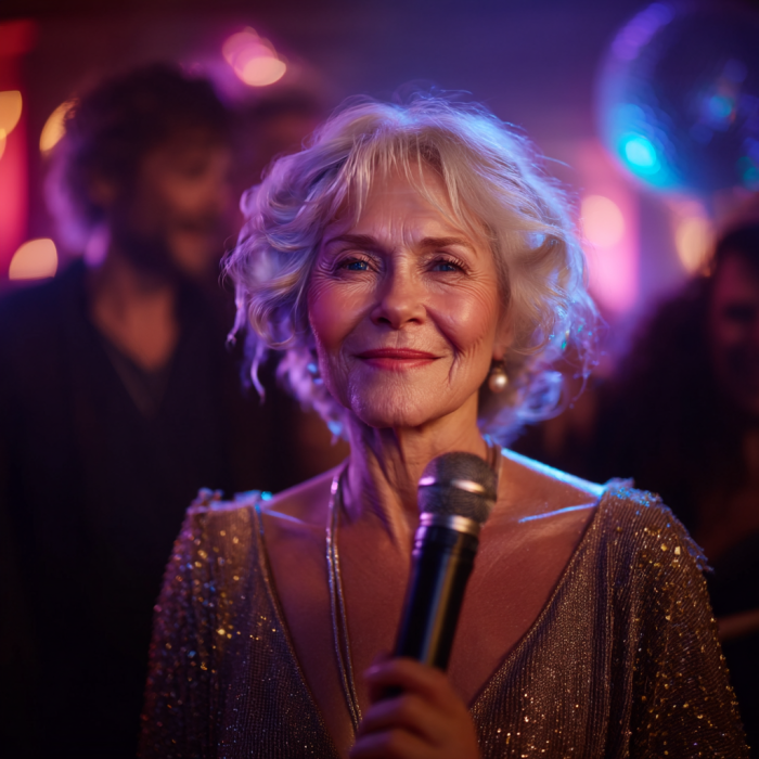 Eine ältere Frau hält ein Mikrofon auf einer Party | Quelle: Midjourney