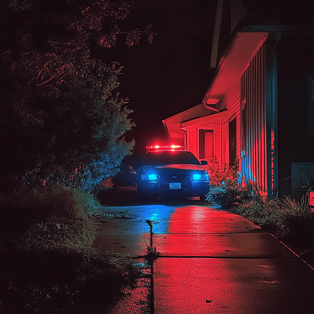 Ein Polizeiauto, das in einer Einfahrt geparkt ist | Quelle: Midjourney