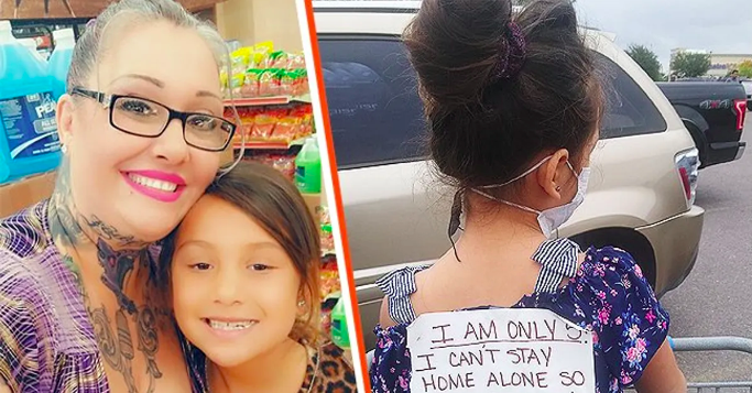 Eine alleinerziehende Mutter nahm ihre Töchter mit in den Supermarkt mit einem Zettel am Rücken, warum sie sie nicht zuhause lassen konnte. | Quelle: Facebook/LadyINKmaryJ