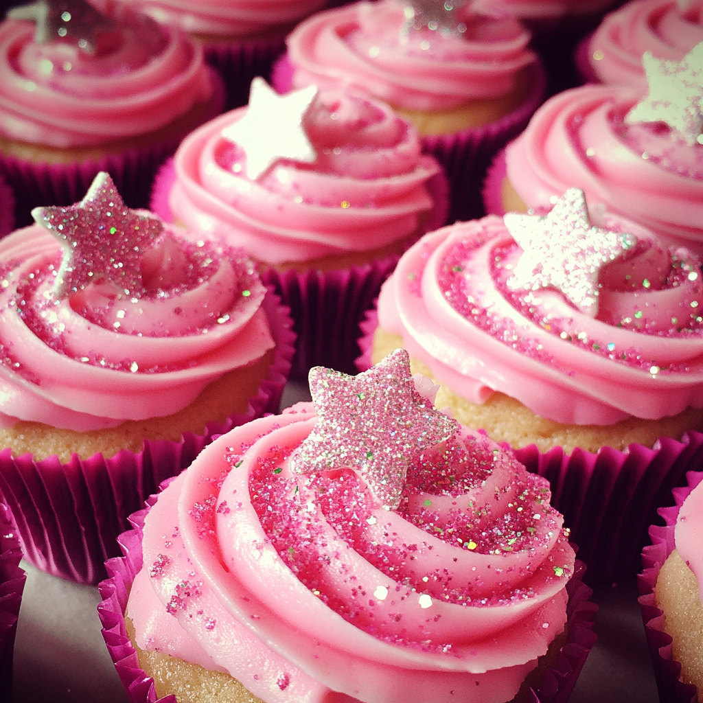 Eine Nahaufnahme der rosa Cupcakes | Quelle: Midjourney