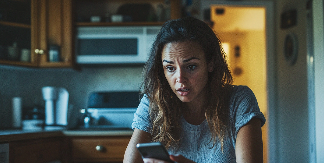 Eine Frau, die geschockt auf ihr Telefon starrt | Quelle: Midjourney