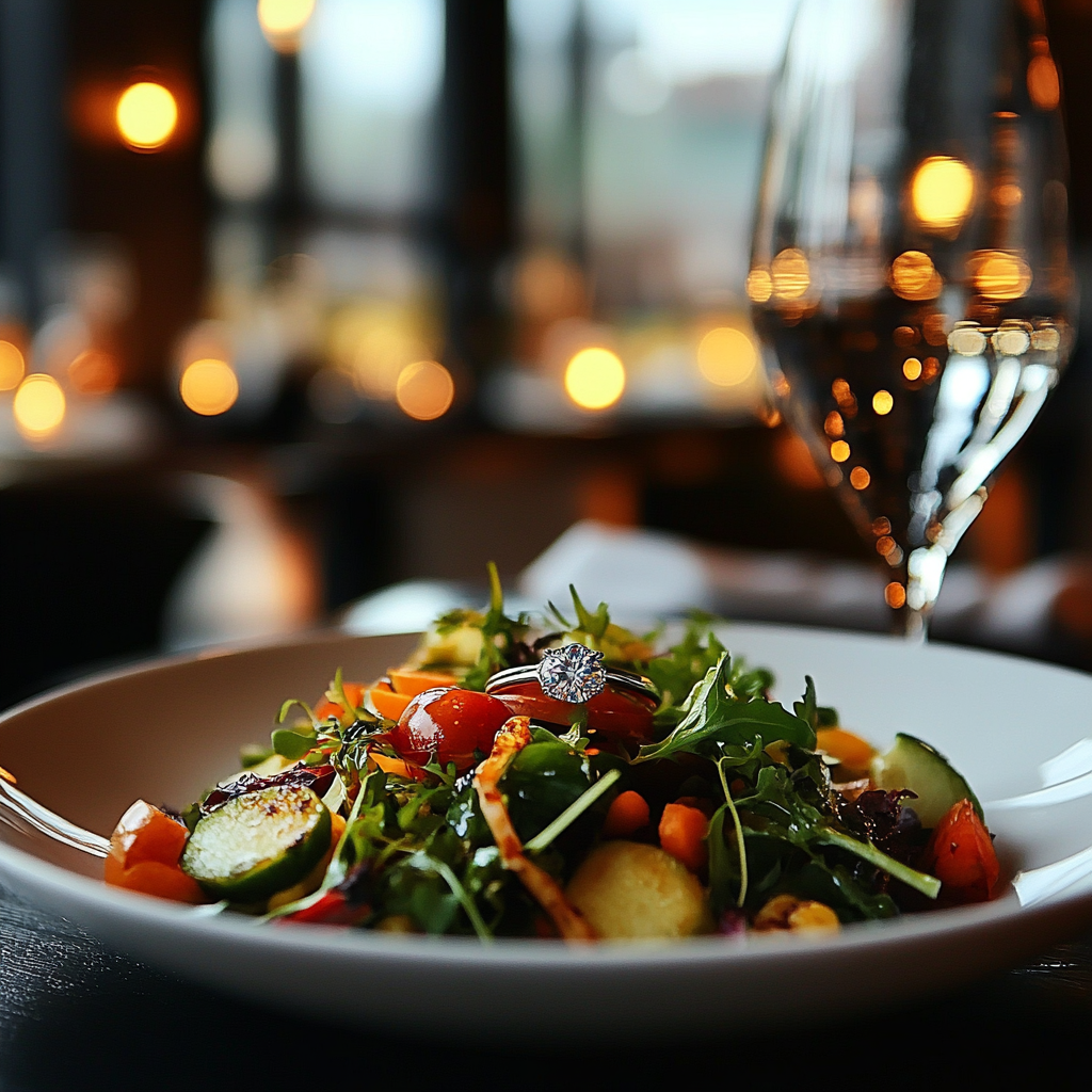 Ein Diamantring liegt auf einem Salatteller auf einem Restauranttisch | Quelle: Midjourney