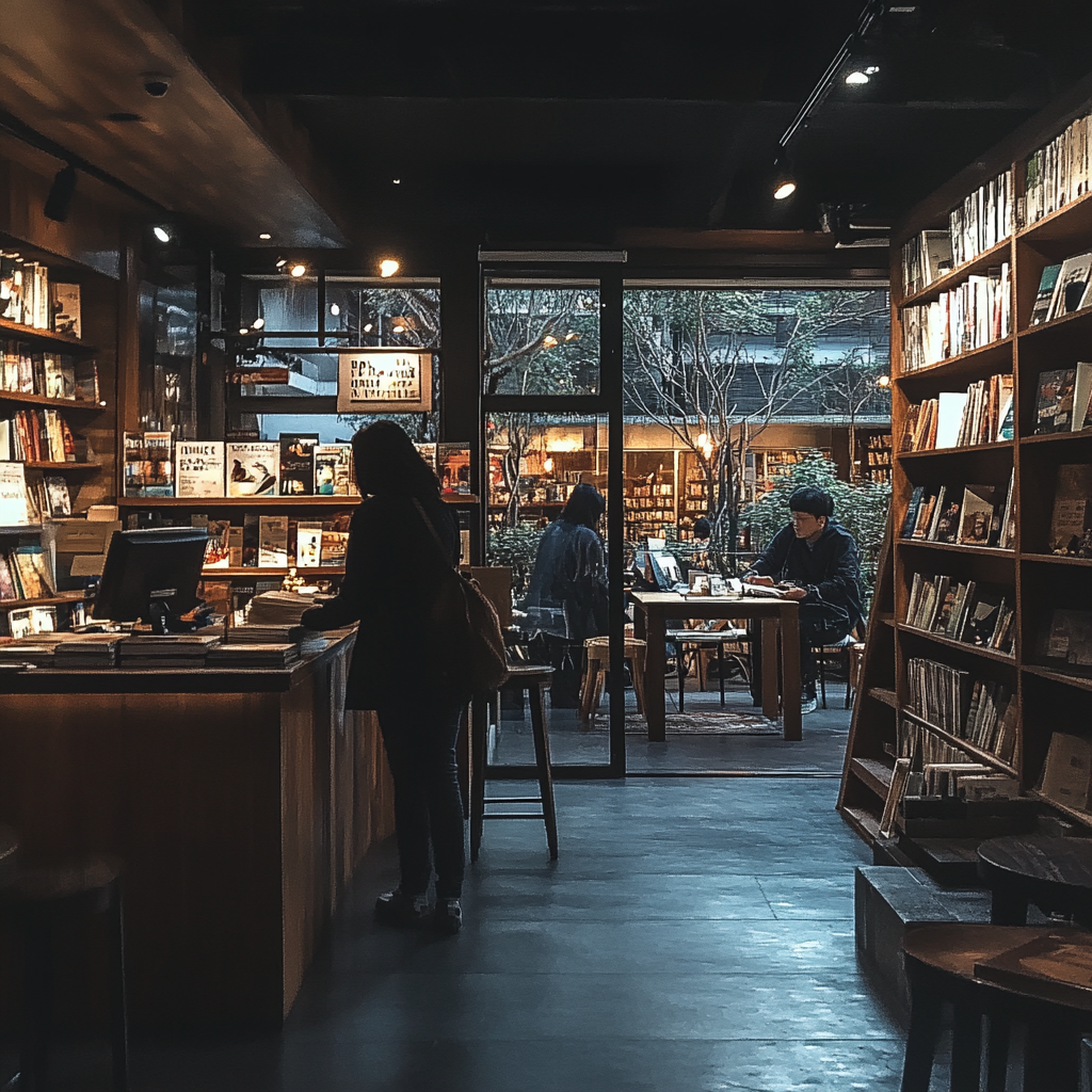 Menschen in einer Buchhandlung mit Coffee Shop. | Quelle: Midjourney