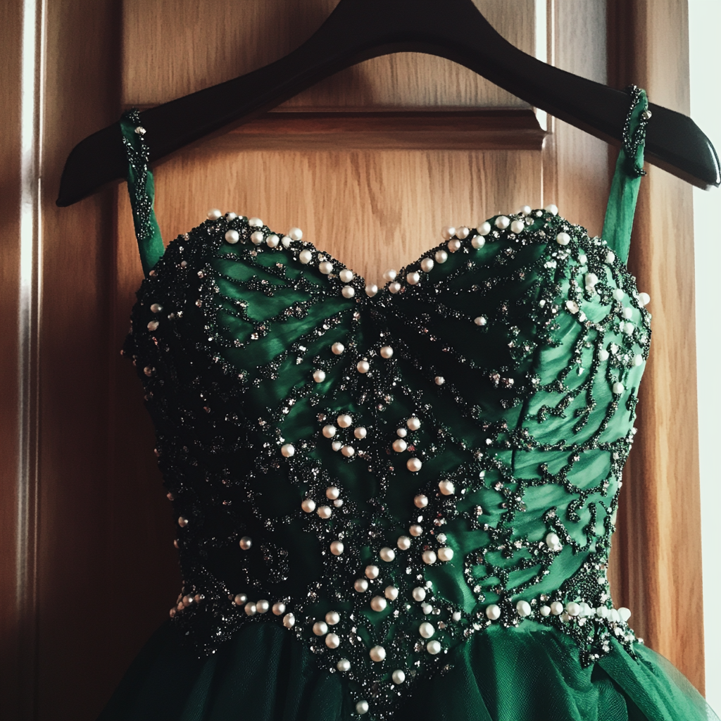 Ein smaragdgrünes Ballkleid auf einem Kleiderbügel | Quelle: Midjourney